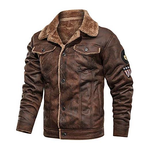 YAOTT uomo inverno caldo risvolto giacca cargo casual di pelle scamosciata sintetica parka con fodera in lana con collo in pelliccia sintetica giacca bomber multitasche con ricamo patch marrone xl