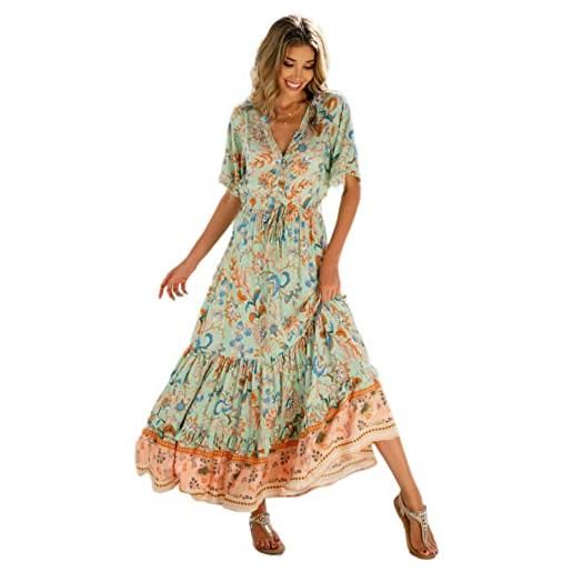 R.Vivimos abito boho estivo donna abito sexy scollo a v bottoni manica corta vestito elegante con volant orlo abito lungo maxi da spiaggia casual per le vacanze(l, aqua-floreale)