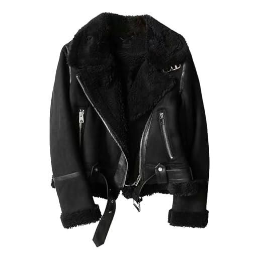 Generic cappotto invernale in montone con tasche, giacca in similpelle da donna, parka con fodera spessa, cerniera, tosatura, nero, taglia xl