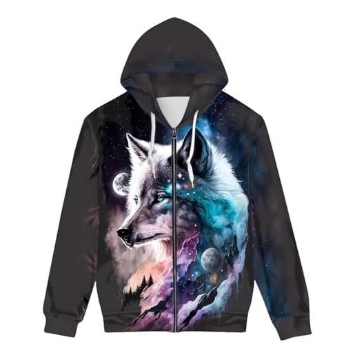 EujGvboU felpa con cappuccio unisex con stampa digitale 3d realistica e zip intera, galassia viola del lupo, s