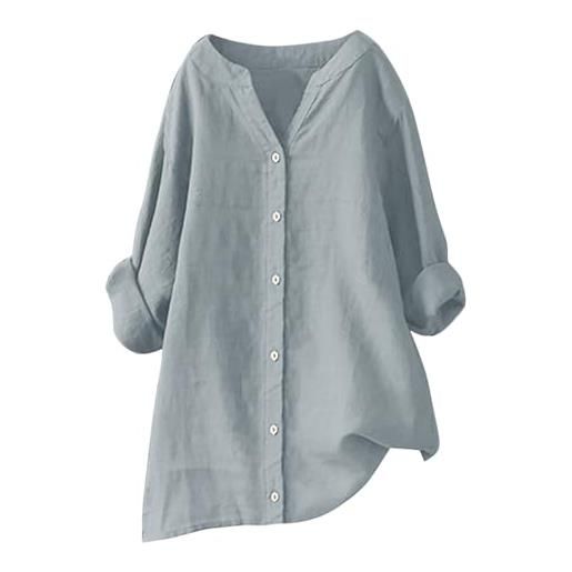 EMATOP - camicia da donna in mussola estiva, a maniche lunghe, in lino, leggera, in cotone, elegante, a tunica, in tinta unita, t-shirt, taglie grandi, camicetta, casual, estiva, top, camicie lunghe