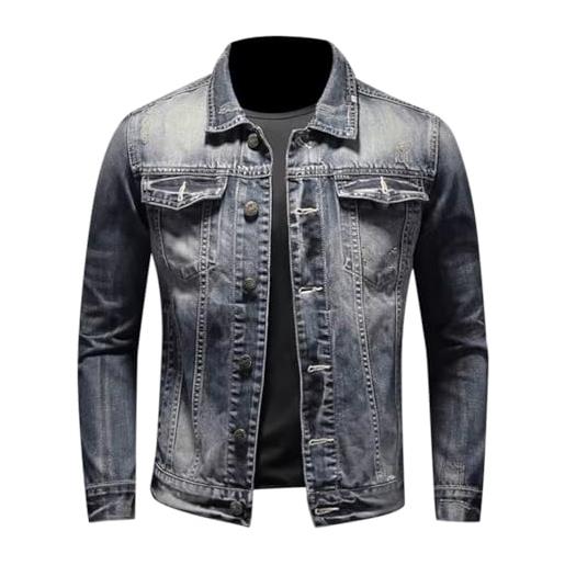Minetom giacca di jeans uomo vintage giubbotto casual denim giubbino slim fit jacket con botonni e tasche primavera e autunno b grigio blu m