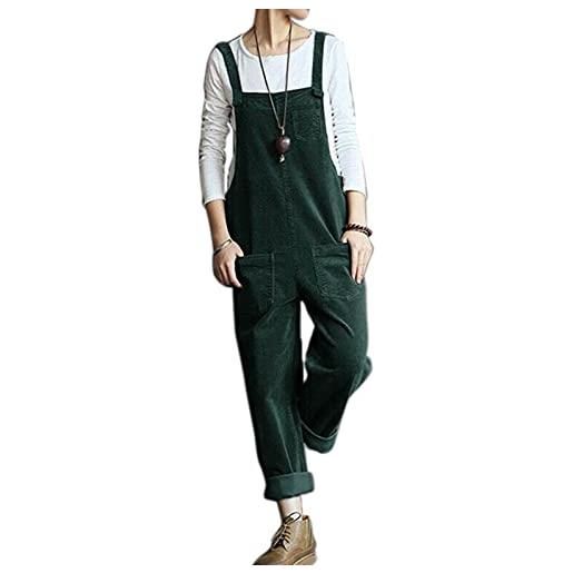 Chahuer tuta da donna in velluto a coste arte letteraria salopette retrò salopette salopette con tasca frontale verde m