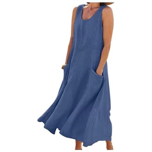 Generico abiti estivi da donna 2025, maxi dress senza maniche in cotone e lino, casual largo monocromatico taglie forti con tasche (sky blue, m)