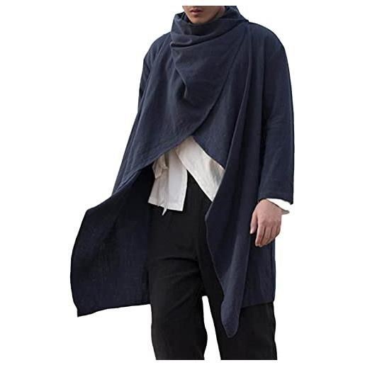 IQYU cappotto da uomo in lino e cotone, mantello irregulare a maniche lunghe, giacca da caccia invernale a maniche lunghe per uomo, giacca in pile calda con cappuccio per uomo, nero , 3xl
