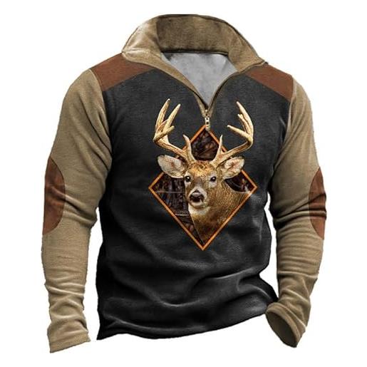 oneforus felpa occidentale da caccia al cervo da uomo etnica vintage top camicia a maniche lunghe 1/4 zip up stand collar pullover felpe