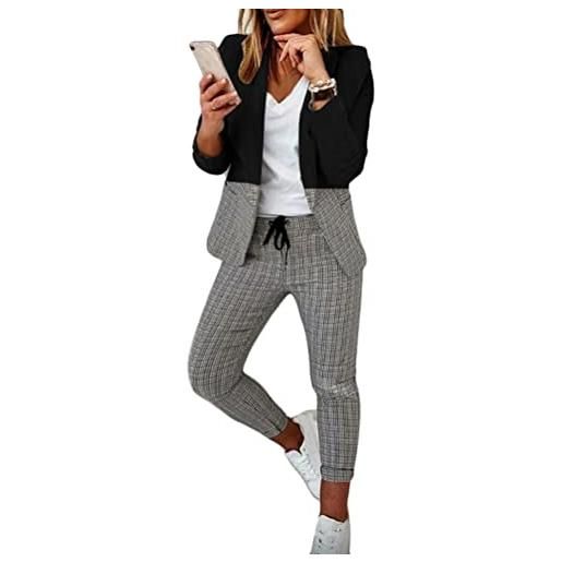 shownicer tuta da donna a due pezzi tinta unita blazer set completo da donna a maniche lunghe con pantaloni per ufficio e lavoro elegante tailleur outfits con tasche c nero m