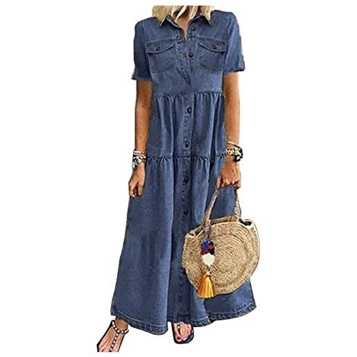 ORANDESIGNE vestito di jeans donna lungo estivo denim abito scollo a v manica corta vestiti elegnati curvy maxi vestitino jeans casual abiti con tasche e bottone a blu navy 3xl