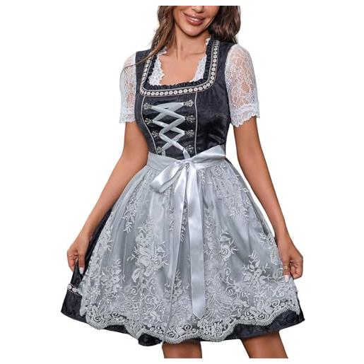 Duohropke dirndl abito tradizionale bavarese elegante, set completo con grembiule, abito curvy, per oktoberfest, nero, l. 