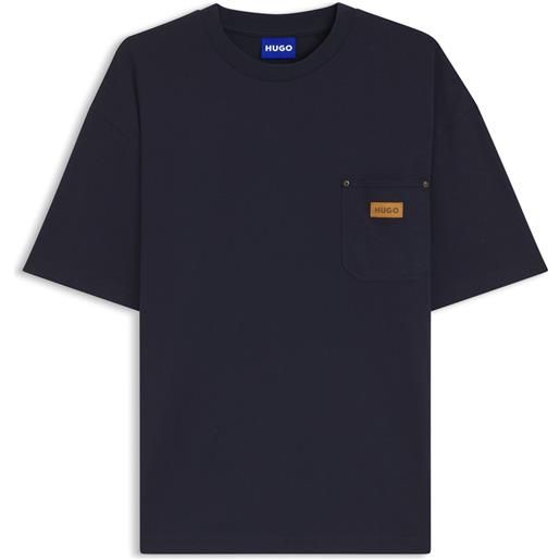 HUGO t-shirt con vestibilità comoda in cotone con targhetta con logo in pelle scamosciata, blu scuro