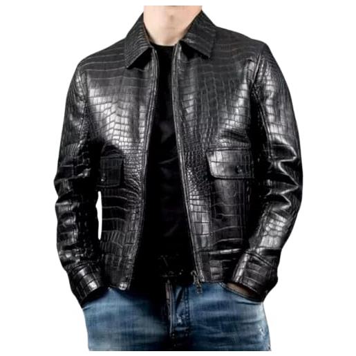 Generic giacca da uomo in vero cuoio con effetto coccodrillo - giubbotto con texture di lusso e cerniera con vestibilità classica, nero, medium