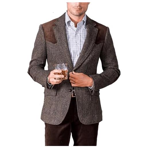 RAJEGAR giacca sportiva da uomo in tweed misto lana a spina di pesce con toppa su spalle e gomiti, stile retrò, casual, slim, caff, xl