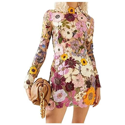 OMUCI abito da donna con ricamo floreale 3d abito corto da cocktail aderente in pizzo con maniche lunghe in maglia trasparente (color: pink, size: s)