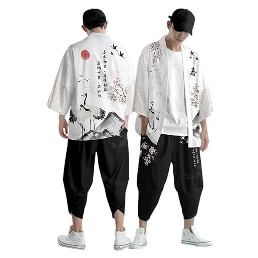 Générique felpe con cappuccio da uomo pesanti kimono casual larghi da uomo set kimono cardigan largo stampato multicolore giapponese da uomo, kimono estivo con felpa con cappuccio sotto armatura uomo, grigio