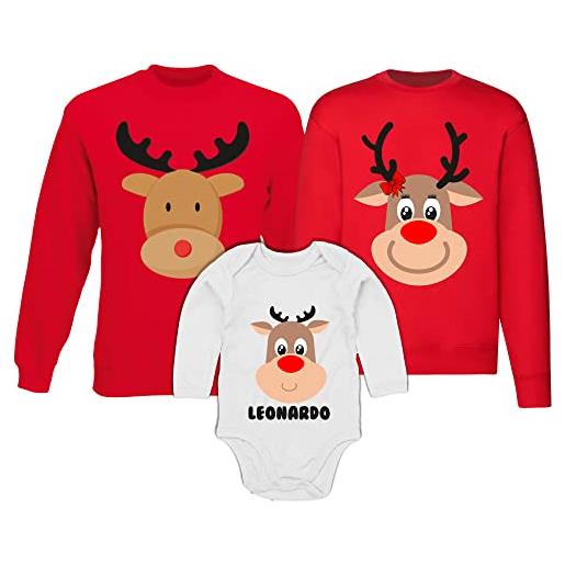 Overthetee tris natale felpe girocollo body manica lunga - famiglia personalizzate - nome - renna - natalizia - christmas - papà - mamma - felpe rosse