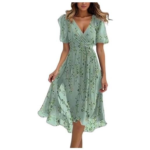 LZPCarra abito estivo da donna, lunghezza al ginocchio, elegante, abito midi da donna, estivo, a maniche corte, per il tempo libero, con scollo a v, abito da spiaggia, in chiffon, da donna, casual, da sera