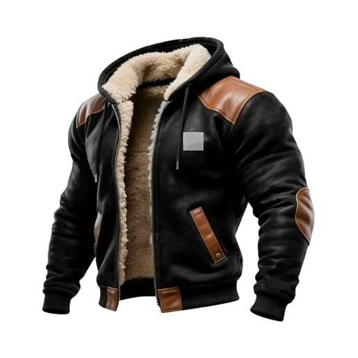 Gefomuofe giacca in pelle con pelliccia da uomo, a maniche lunghe, con fodera in pile, cappuccio, cerniera, giacca invernale spessa, in ecopelle, giacca da moto, nero , l