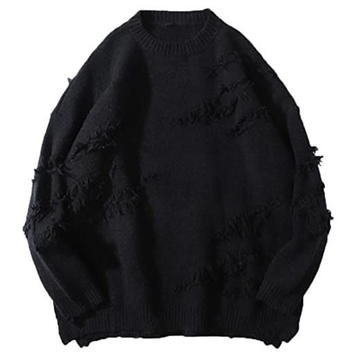 HEYDHSDC vintage hip hop harajuku uomini pullover oversize maglione strappato colore foro maglieria maglione, nero , m