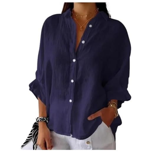 NARUPE camicie da donna con bottoni in cotone e lino, maniche a 3/4, colletto in garza, tunica vestibilità larga, vestiti alla moda, blu navy, xxl