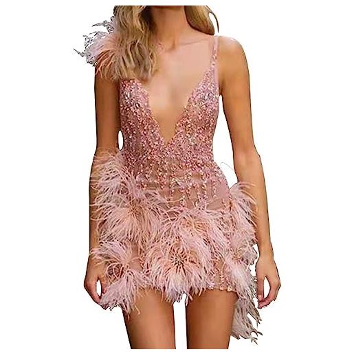 LOIJMK abito da festa da donna con piume, abito con spalline, sexy, ballgown da donna corto, con profondo scollo a v, abito da cocktail da donna elegante, outfit da festa funky da donna con
