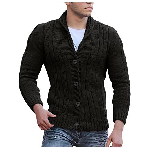 Generic cardigan lavorato a maglia da uomo cardigan foderato in pile slim fit cable knit button up maglione di cotone con tasche risvolto spesso maglione di colore solido slim tipo, nero , m