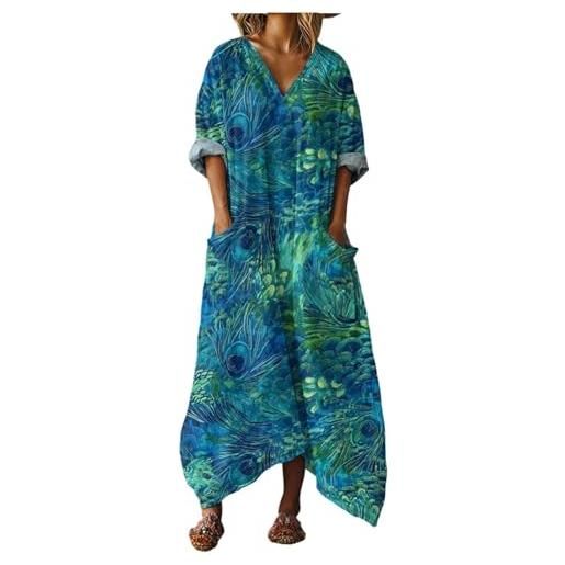 Generico vestito lino donna abito lungo boho chic scollo a v maniche lunghe, maxi abito floreale vintage con tasche per mare spiaggia vacanza taglie forti curvy elegante comodo moda 2026