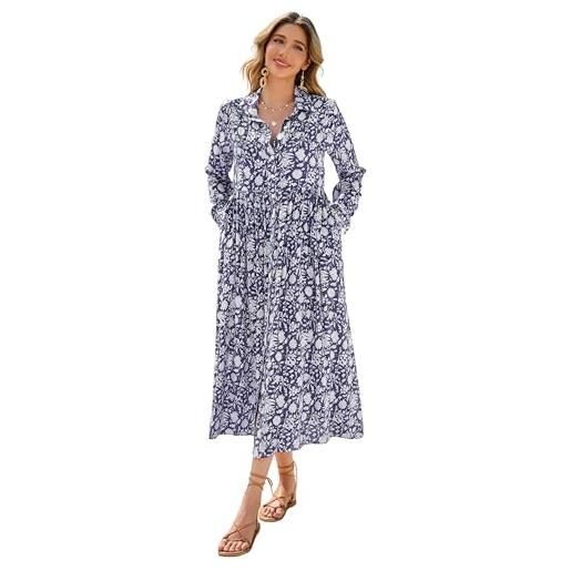 R.Vivimos donna estate manica lunga midi abito boho florale cotone fit sciolto abiti camicia con tasche(xl, darkblue)