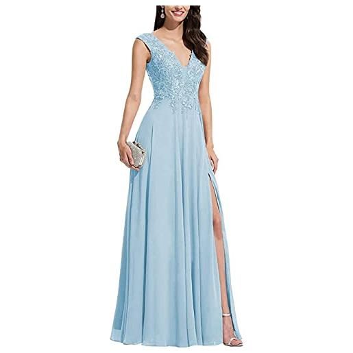 KURFACE appliques in pizzo abiti da damigella d'onore scollo a v fessura formale festa di nozze abiti da ballo per le donne, blu cielo, 46