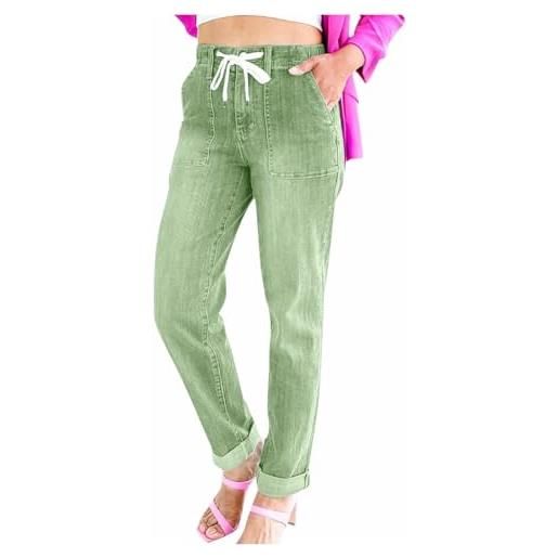 Generisch jeans da donna con chiusura lampo e vita semi-elastica, tasca casual, pantaloni dritti in lino, verde, xl