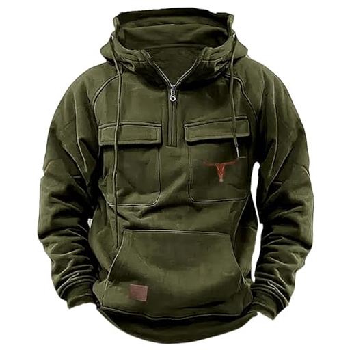 Generic felpa da uomo con cerniera a 1/4, con cappuccio, grafica cool, cargo, combat, tattica, per esterni, sportiva, militare, con molte tasche, casual, a manica lunga, cachi, xxl