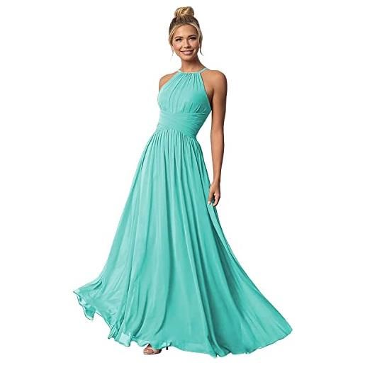 N/ C - abiti lunghi da damigella d'onore in chiffon, con scollo a halter, a linea, plissettati, per ballo di fine anno, con tasche c016, turchese, 44