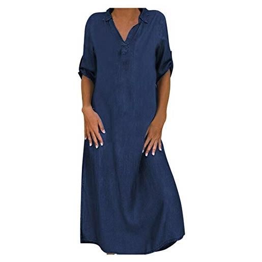 Generic abito in jeans da donna, estivo, taglie grandi, con bottoni, abito lungo, maxi abito a mezza manica, con scollo a v, abito estivo da spiaggia, abito casual, blu scuro28, l