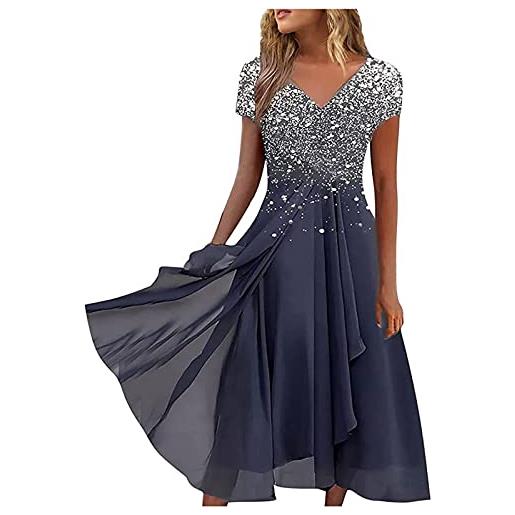 Generic abito oscillante da donna, elegante, con scollo a v, maniche corte, in chiffon, con orlo irregolare, taglie s-5xl, argento, xl