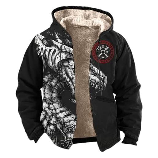 Generisch wikinger felpa con cappuccio da uomo, spessa in pile con zip, stile streetwear con stampa della mitologia nordica, caldo maglione invernale a maniche lunghe, abbigliamento vichingo per