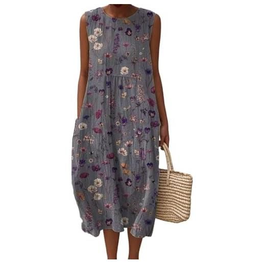 Gienslru vestito lino donna estivo lungo elegante abito senza maniche boho chic curvy taglie forti comodo fresco caftano mare spiaggia copricostume mare curvy moda 2026 casual floreale con tasche