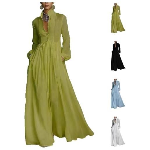 Generic maxi abito da donna minimalista, in cotone e lino, patchwork, monopetto, colletto alto, maniche lunghe, con tasche, bianco, xl