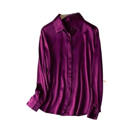 Yihuaqun camicie da donna in seta mulbery ol silk elastin crepe satin semplice a maniche lunghe colletto quadrato camicia primavera e autunno, viola rosso. , l