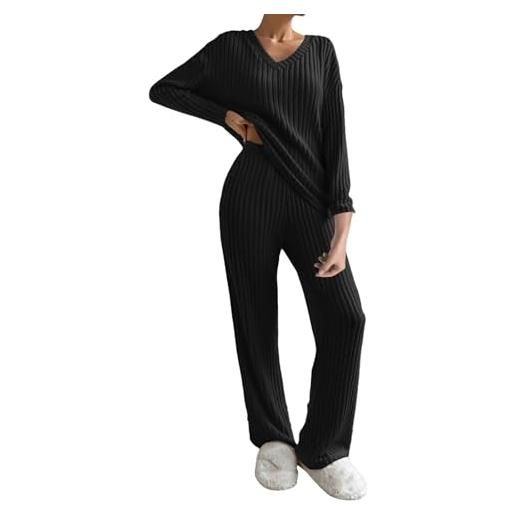 Uwdiohq set da donna 2024 casual gamba dritta pantaloni larghi con scollo a v in maglia pigiami xl (black, xl) pigiama cotone bottoni premaman corti tuta termico lungo invernale divertente stich