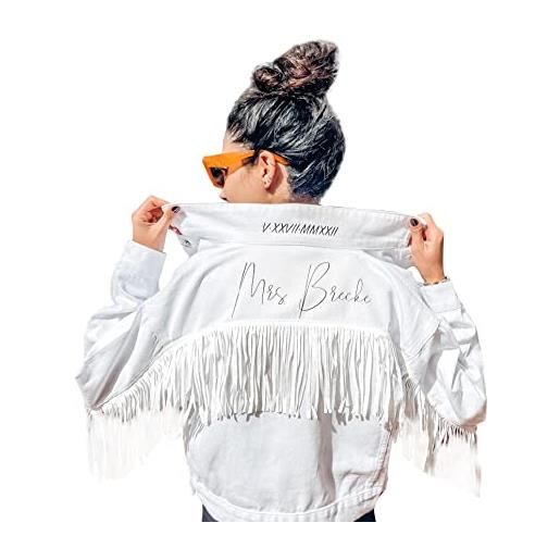 Monicustom personalizzato cropped bianco fringe jean giacca donna bianco cropped denim giacca con frange future mrs jean jacket, bianco sporco, s