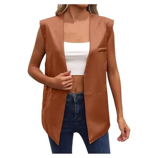 Gefomuofe giacca in similpelle da donna, senza maniche, in pelle pu, elegante, tinta unita, blazer, da ufficio, con risvolto aperto, giubbotto da motociclista, marrone, s