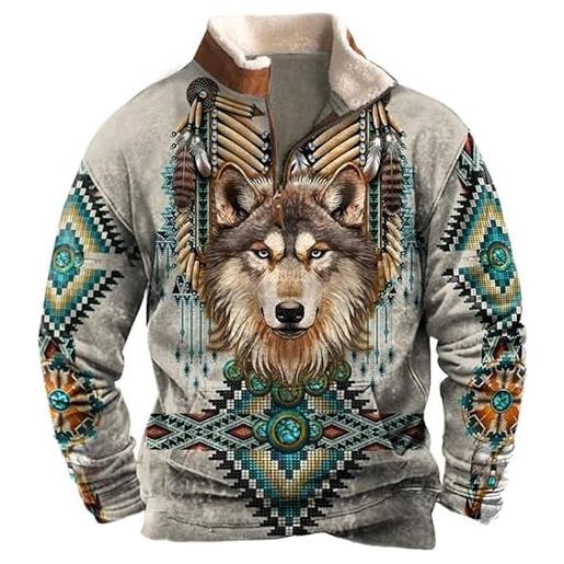 famesale felpe indiane native americane da uomo lupo indiano retrò totem etnico stampato in 3d 1/4 giacca con zip felpe pullover a maniche lunghe