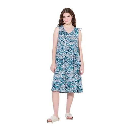 Ulla Popken abito midi dal taglio smanicato in jersey di cotone biologico con onde e scollo a v petrolio 46+ 840630744-46+