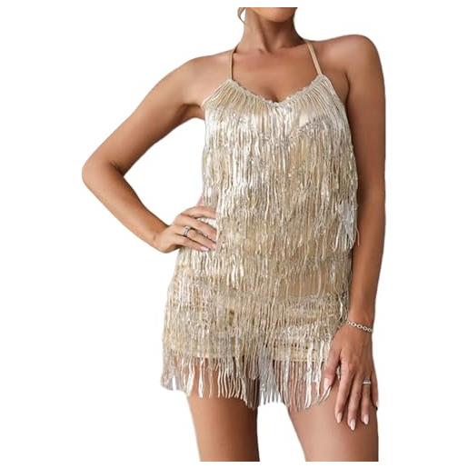 Generic tuta con frange di paillettes, tute scintillanti con glitter per donna, pantaloncini senza schienale, abito da ballo per compleanno in discoteca 2025