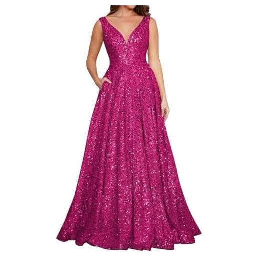WSEYU abito da cocktail lungo con paillettes, formale, per matrimoni, feste, balli, feste, con tasche, colore nero, blu navy, 40