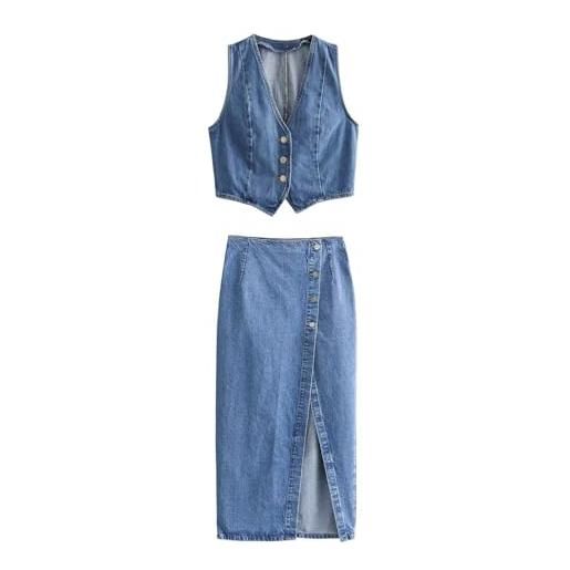 Qiribati completo da donna a 2 pezzi con bottoni, gilet di jeans, gonna a fessura a vita alta, abiti estivi