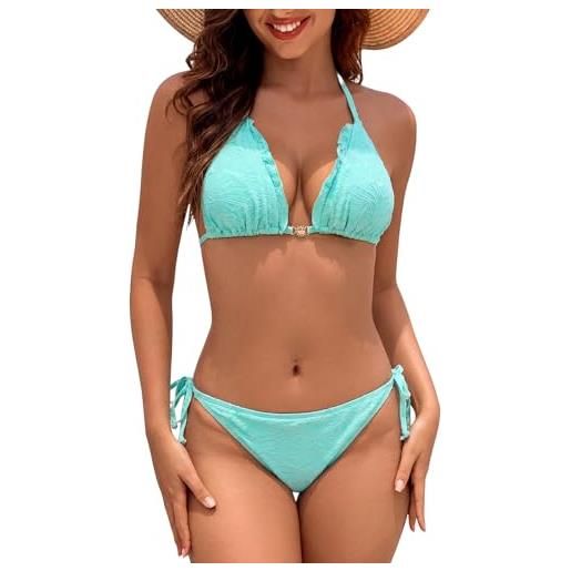 Aunribor costume da bagno donna due pezzi bikini set da mare halter triangolo tessuto jacquard tanga a vita bassa regolabile push up imbottito reggiseno fibbia dorata costumi sexy brasiliana