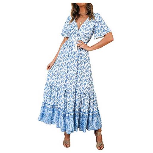 R.Vivimos abito boho estivo donna abito sexy scollo a v bottoni manica corta vestito elegante con volant orlo abito lungo maxi da spiaggia casual per le vacanze(l, bianco)