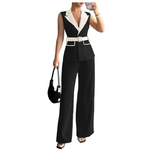 shownicer tailleur donna elegante completo 2 pezzi gilet senza maniche + pantaloni a gamba larga con cintura tuta due pezzi suit a nero l