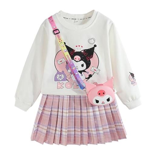 Satdflie anime set 3 pezzi con minigonna plissettata e felpa girocollo e borsa a tracolla per ragazze, viola, xs