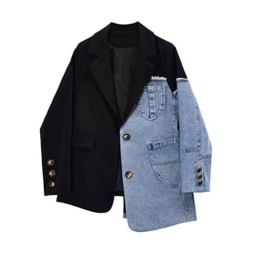 QIUFEN giacca di jeans da donna - vintage blazer denim patchwork revers denim jacket cappotto, manica lunga grande taglia short denim jacket primavera autunno, donna con tasca slim fit harajuku denim jacke